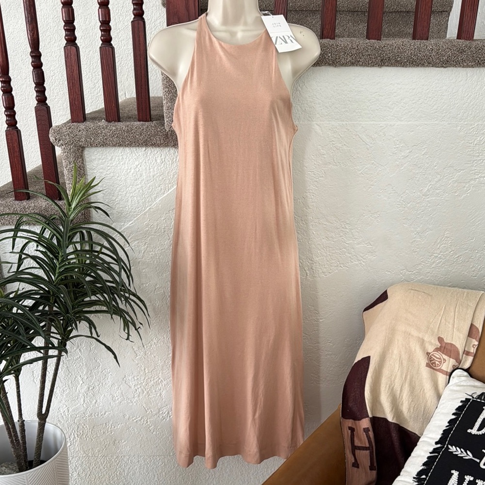 ZARA Women’s Tank Midi Dress Blush/Tan Summer Casual Small NWT